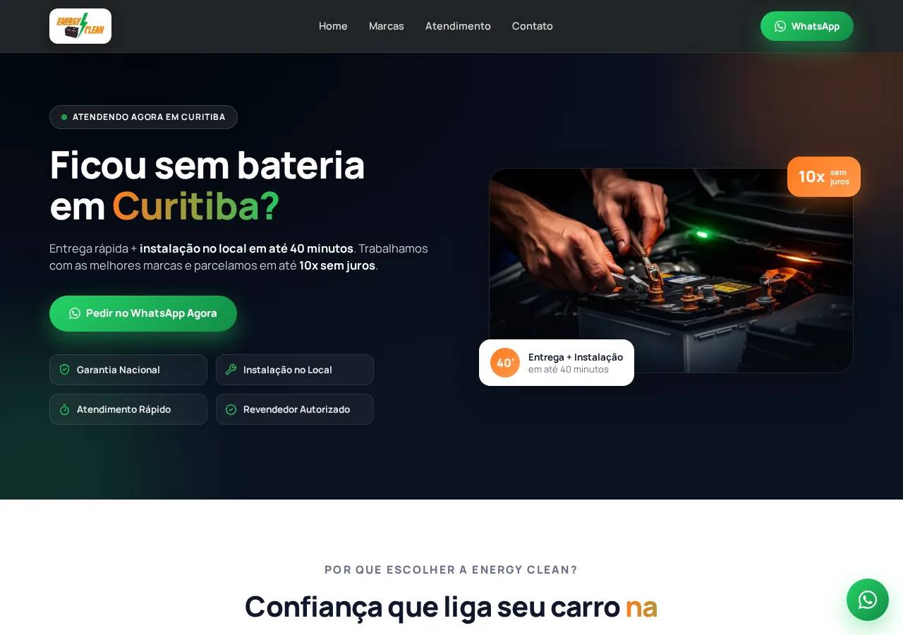 Página inicial do site Energy Clean Baterias