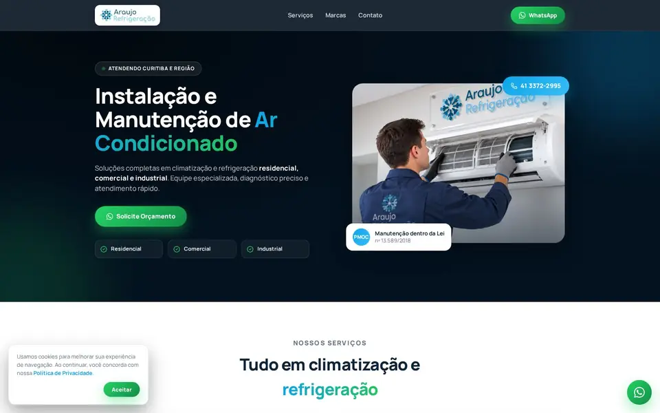 Página inicial do site Araujo Refrigeração